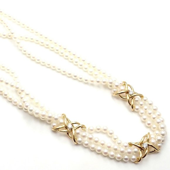Authentic! Tiffany & Co 18k Yellow Gold Diamond 3 Strand Pearl Necklace - Picture 9 of 10